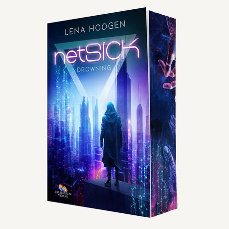 "NetSick: Drowning" von Lena Hoogen. Ein futuristischer Stadtblick mit einer Person im Kapuzenmantel vorne.