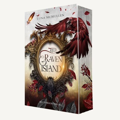 "Red Raven Island" und "Luna McMullen" in verziertem Rahmen, mit rotem Raben und Blättern. Weltenbaum Verlag unten.