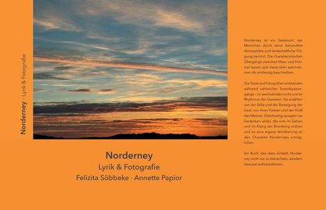 "Norderney Lyrik & Fotografie" steht unten über einem Sonnenuntergangshimmel mit verstreuten Wolken und orange-blauen Tönen.