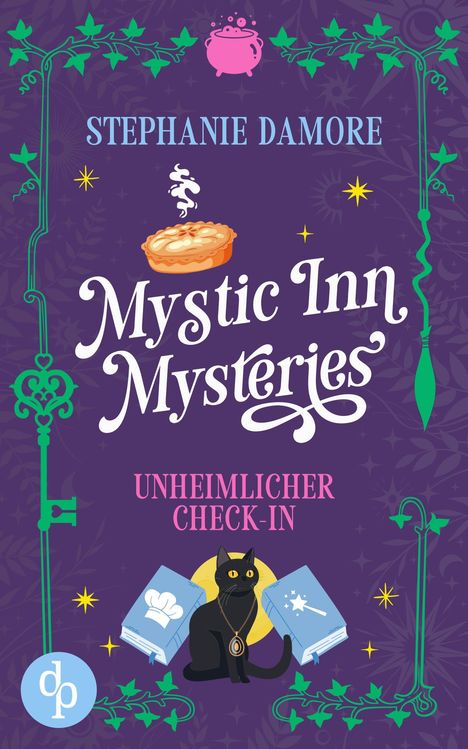 Buchtitel: "Mystic Inn Mysteries" und "Unheimlicher Check-In" von Stephanie Damore. Illustration: Schwarze Katze, magisch.