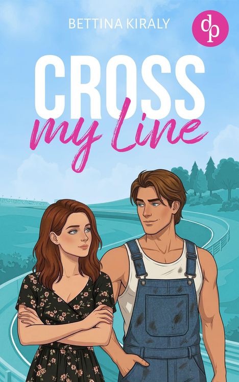 "CROSS my Line", Bettina Kiraly, Illustration eines Paares auf Rennstrecke, er in Latzhose, sie mit verschränkten Armen.
