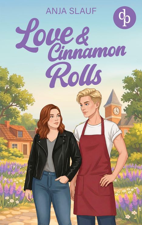 "Love & Cinnamon Rolls" von Anja Slauf, Illustration: Mann in Schürze, Frau in Lederjacke, Gartenhintergrund mit Turm.