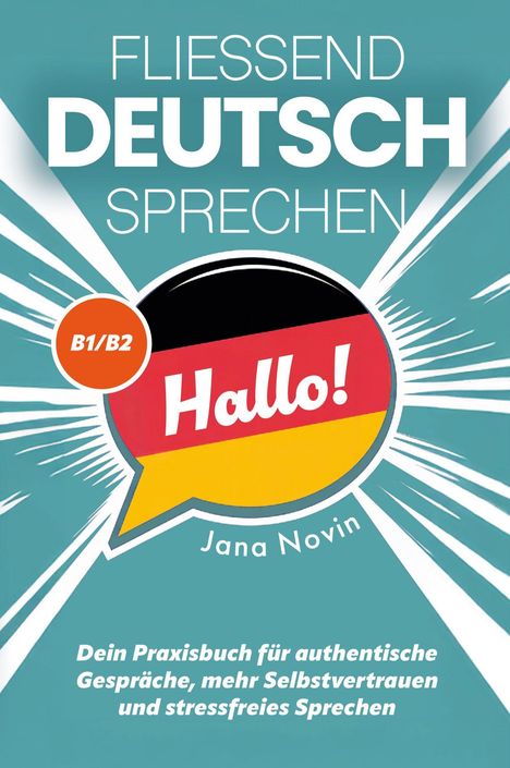 "Fließend Deutsch sprechen", "Hallo!", "B1/B2", "Jana Novin". Grafik: Sprechblase auf blauem Hintergrund.