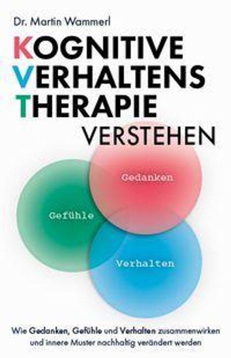 Text: Kognitive Verhaltenstherapie verstehen. Gedanken, Gefühle, Verhalten. Mit farbigen Kreisen, die sich überschneiden.