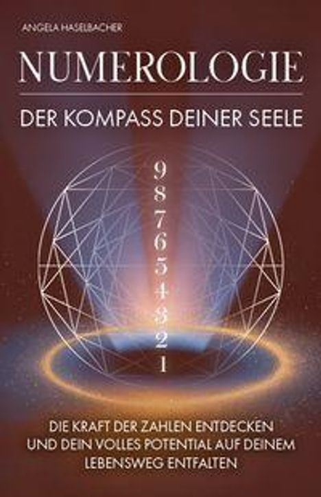 NUMEROLOGIE: DER KOMPASS DEINER SEELE. Zahlen 9 bis 1 vertikal. Illustration einer leuchtenden Sphäre mit geometrischem Muster.