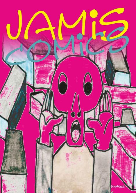 Text: "JAMIS COMICS". Eine pinke Illustration mit einer überraschten Figur, die die Hände an den Kopf hält.