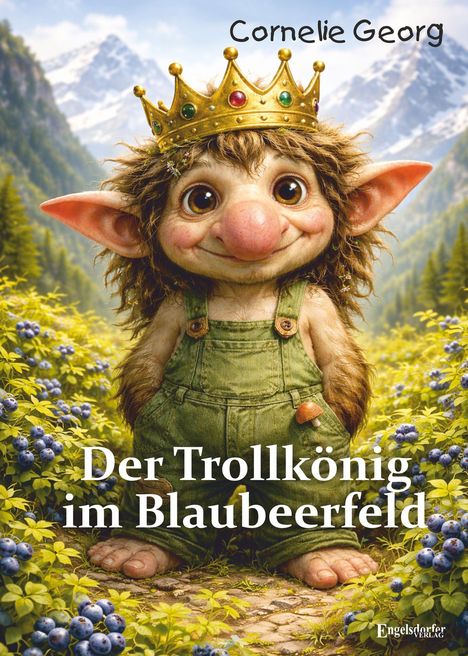 "Der Trollkönig im Blaubeerfeld" von Cornelie Georg. Illustration: Ein lächelnder Troll mit Krone und Latzhose im Blaubeerfeld.