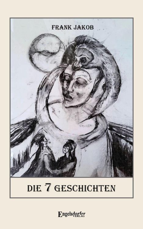 "FRANK JAKOB", "DIE 7 GESCHICHTEN". Eine skizzenhafte Illustration mit menschlichen Figuren und abstrakten Formen.