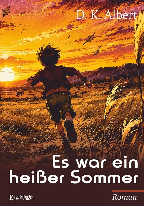Texts: "D. K. Albert", "Es war ein heißer Sommer", "Roman". Eine Illustration zeigt einen Jungen, der auf ein sonniges Feld zuläuft.
