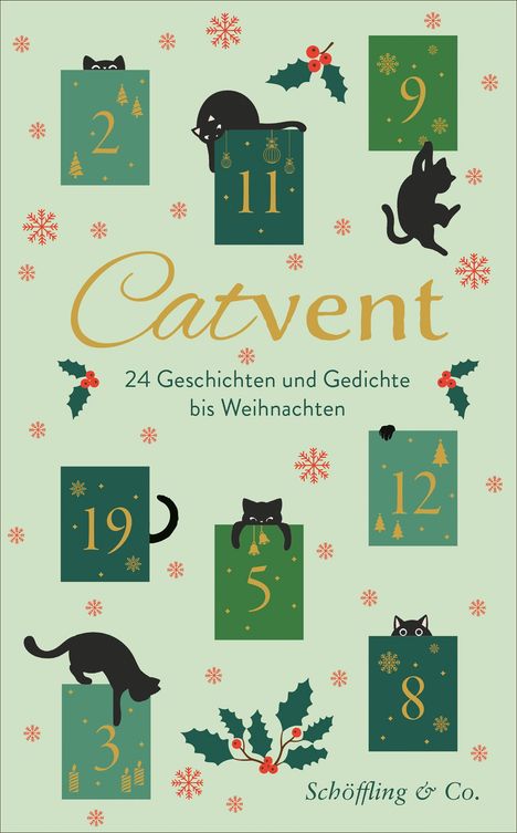 "Catvent: 24 Geschichten und Gedichte bis Weihnachten" steht auf einem Adventskalender mit Katzen und Weihnachtsmotiven.