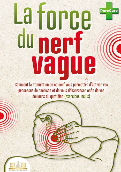 "La force du nerf vague" in Grün und Rot. Illustration eines Kopfes und einer Hand am Nacken mit Zielsymbolen.