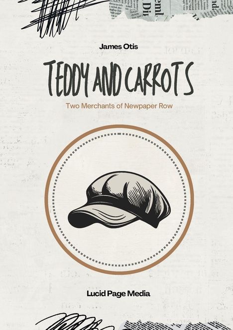 „James Otis, TEDDY AND CARROTS, Two Merchants of Newspaper Row, Lucid Page Media“ über einer illustrierten Kappe.