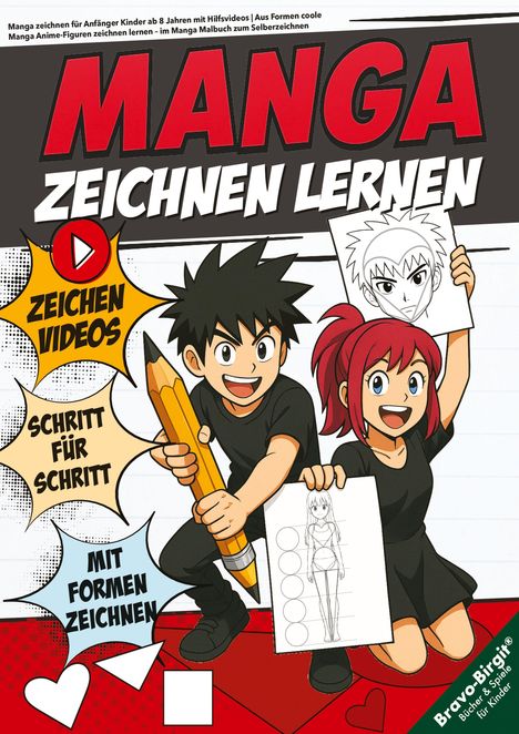 Manga Zeichnen Lernen: Zeichen Videos, Schritt für Schritt, Mit Formen Zeichnen. Zwei freudige Figuren mit Zeichnungen.