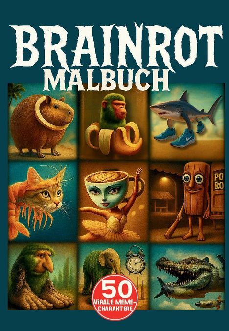 "Brainrot Malbuch" oben, "50 virale Meme-Charaktere" unten. Illustration verschiedener skurriler Wesen in einem Raster.