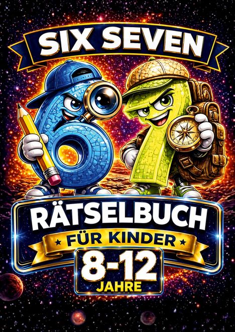 "Six Seven Rätselbuch für Kinder 8-12 Jahre". Zwei Cartoon-Zahlen mit Detektiv- und Entdecker-Accessoires.