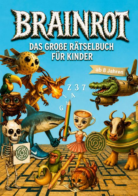 "Brainrot: Das große Rätselbuch für Kinder ab 8 Jahren." Fantasievolle Kreaturen, darunter Drache, Krokodil und Skelett.
