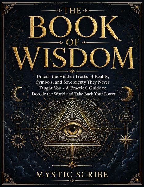 "The Book of Wisdom" in großer Schrift, mystische Symbole mit einem Auge in einem Dreieck und dekorative goldene Ornamente.
