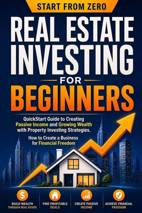 „Start from Zero: Real Estate Investing for Beginners“. Stadtsilhouette, Haus, aufsteigender Pfeil. Symbole unten.