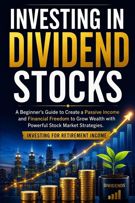 "INVESTING IN DIVIDEND STOCKS" in großen Lettern über einer Skyline, gestapelten Münzen und einem Topf mit Pflanze.