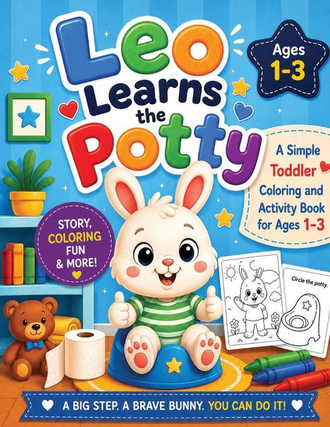 "Leo Learns the Potty", für Kinder von 1-3 Jahren. Ein fröhlicher Hase sitzt auf dem Töpfchen, umgeben von Spielzeug.