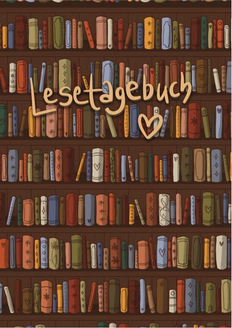 „Lesetagebuch“ steht in handschriftlicher Schrift über einem illustrierten Bücherregal voller bunter Bücher.