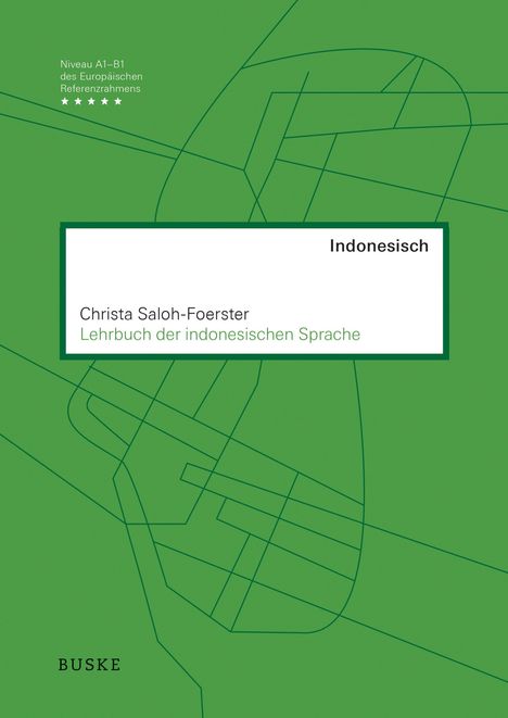 Text: "Indonesisch", "Christa Saloh-Foerster", "Lehrbuch der indonesischen Sprache". Grünes Cover mit abstraktem Linienmuster.