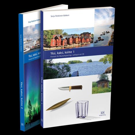 Zwei Lehrbücher: "Yksi, kaksi, kolme 1" und "2" von Senja Riekkinnen-Gebbert. Finnisch für Deutschsprachige. Cover mit finnischen Landschaften.