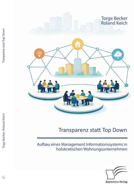 Text: "Transparenz statt Top Down. Aufbau eines Management Informationssystems in holokratischen Wohnungsunternehmen." Oben: Namen. Unten: Logo. Illustration: Gruppen an Tischen, verbunden durch Netzwerk-Icons, Hintergrund Stadt.