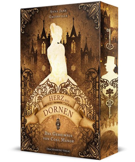 "Herz aus Dornen: Das Geheimnis von Coal Manor" vor einem viktorianischen Schloss mit Silhouetten einer Frau und eines Mannes.