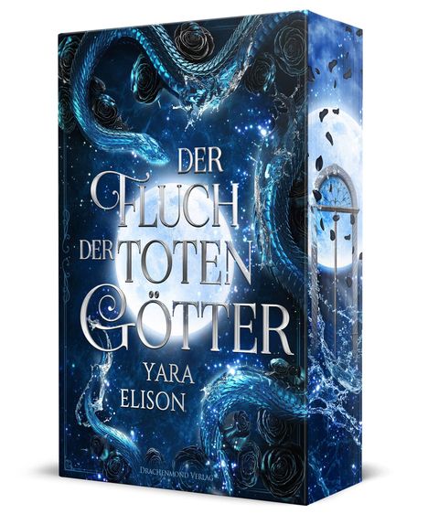 Text: "Der Fluch der toten Götter, Yara Elison". Dunkles Cover, blaue Schlangen, Vollmond, Rosen und funkelnde Sterne.