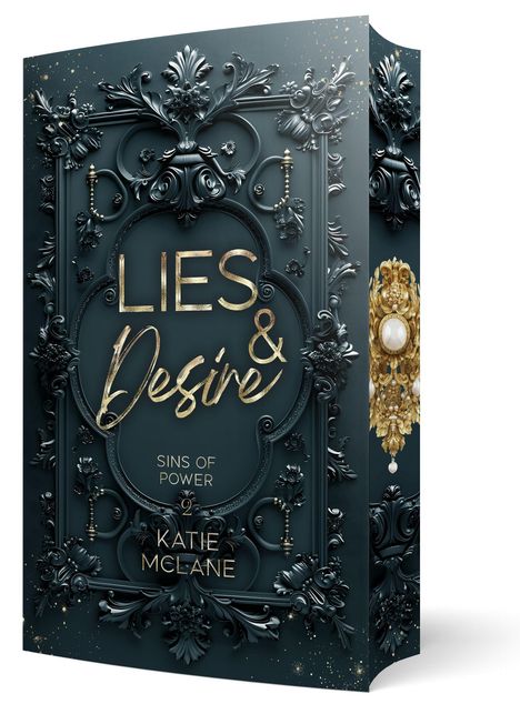 LIES & Desire, SINS OF POWER 2, KATIE McLANE. Aufwendiges florales Design in Dunkelblau mit goldenen Details.