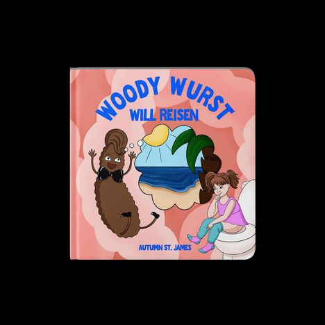 „Woody Wurst will reisen“ und „AUTUMN ST. JAMES“. Illustration: tanzende Wurst und nachdenkliches Mädchen auf Toilette.