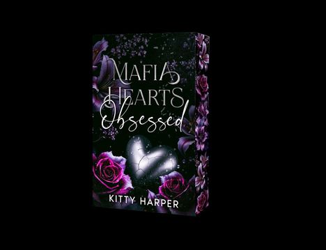 "Mafia Hearts Obsessed" von Kitty Harper. Dunkles Buchcover mit lila Rosen und einem silbernen Herz.