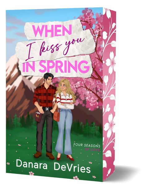 "WHEN I kiss you IN SPRING" und "FOUR SEASONS OF LOVE." Zwei Personen vor blühendem Kirschbaum und Bergen.