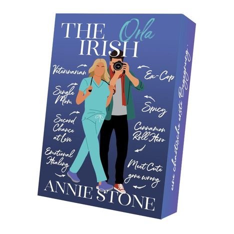 "THE IRISH", "Oh là", "Veterinarian", "Ex-Cop", "Single Mom", "Spicy", "Second Chance at Love", "Cinnamon Roll Hero". Illustration eines Pärchens.