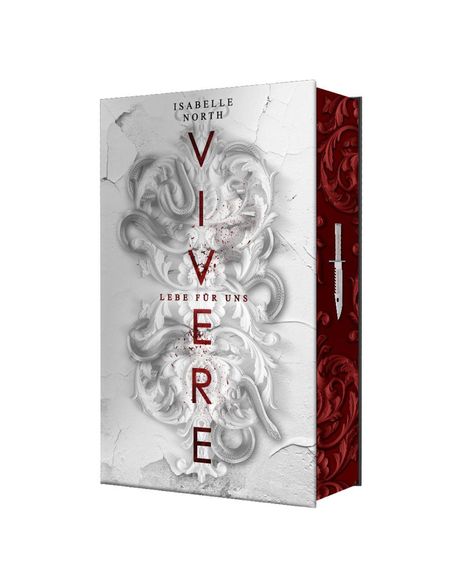 "ISABELLE NORTH VIVERE LEBE FÜR UNS", Relief von Schlangen und Blättern, seitlich ein Dolch auf rotem Hintergrund.