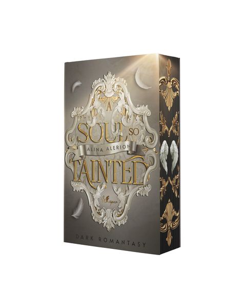 Cover des Buches "A Soul So Tainted" von Alina Alerion. Verziert mit filigranen Mustern, Federn, dunklen Tönen.