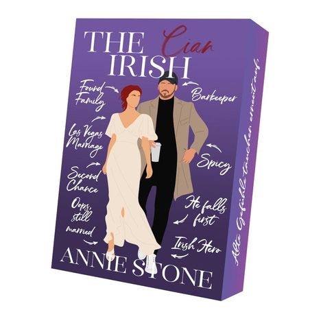 "The Irish Cian", "Found Family", "Barkeeper", "Las Vegas Marriage", "Spicy", "Annie Stone". Illustration: Paar in eleganter Kleidung.