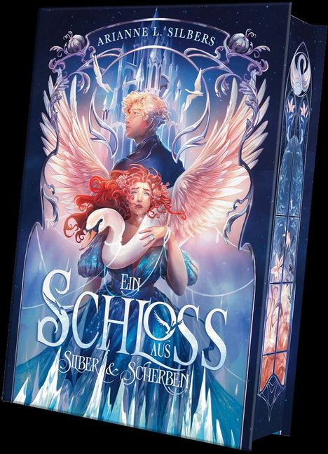 Ein Buchcover mit dem Titel "Ein Schloss aus Silber & Scherben". Eine Frau mit roten Locken hält einen Schwan.