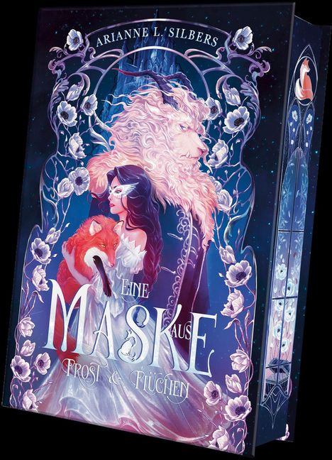 Text: "ARIANNE L. SILBERS EINE MASKE AUS FROST & LÜGEN." Illustration einer Frau, eines Fuchses und eines wolfsähnlichen Wesens.