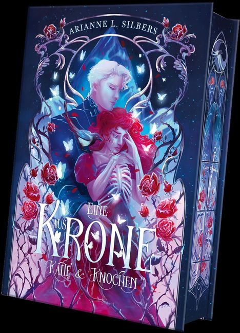"Eine Krone aus Kälte & Knochen" von Arianne L. Silbers. Illustration: Mann mit weißem Haar hinter Frau, umgeben von Rosen und Schmetterlingen.