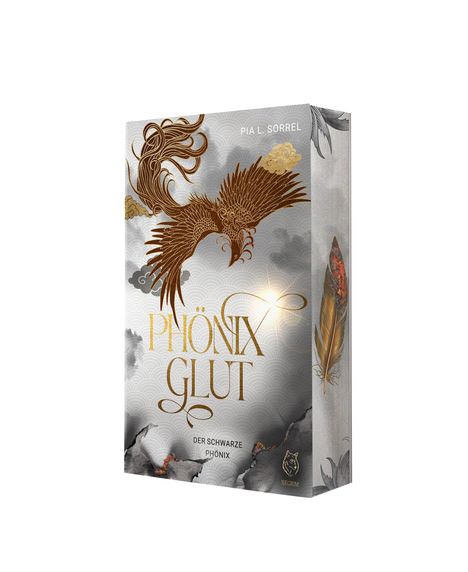 Text: "PHÖNIX GLUT" und "DER SCHWARZE PHÖNIX". Illustration eines goldenen Phönix und einer Feder auf grauem Hintergrund.