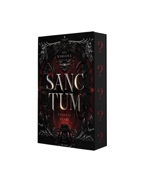 „SANCTUM ETERNAL FLAME“. Dunkles, verziertes Cover mit roten und schwarzen Elementen sowie Fragezeichen an der Seite.