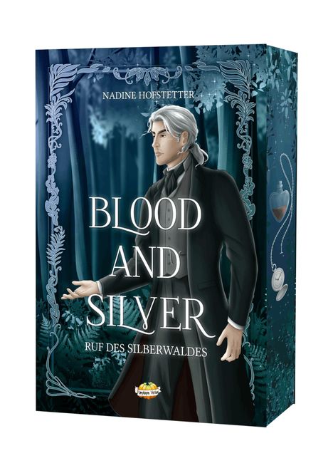 "BLOOD AND SILVER: RUF DES SILBERWALDES" von Nadine Hofstetter. Illustration: Mann im Wald, elegante Kleidung.