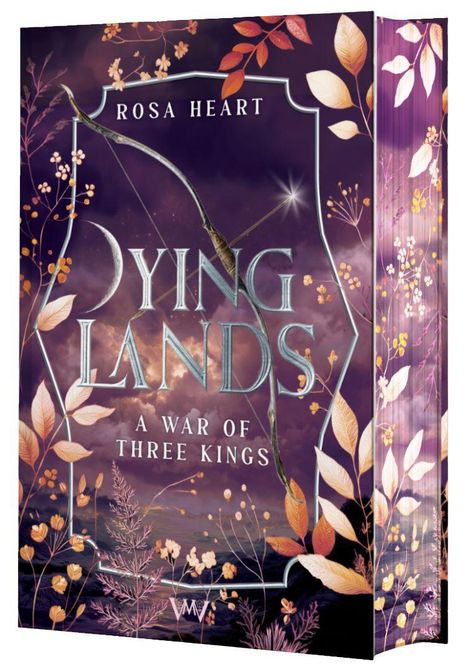 "Dying Lands: A War of Three Kings". Ein violettes Cover mit Blättern und einem Bogenmotiv.