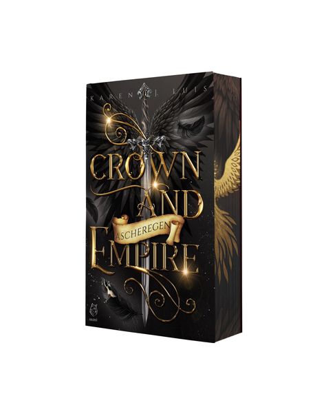 "Crown and Empire: Ascheregen" steht in goldener Schrift vor dunklen Flügeln und einem Schwert, ein majestätisches Design.