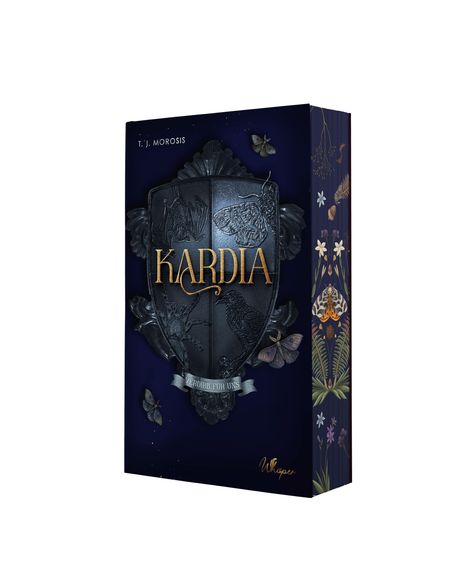 Buchcover "Kardia" von T.J. Morosis. Dunkles Wappen mit goldener Schrift auf schwarzem Hintergrund. Verziert mit Schmetterlingen.