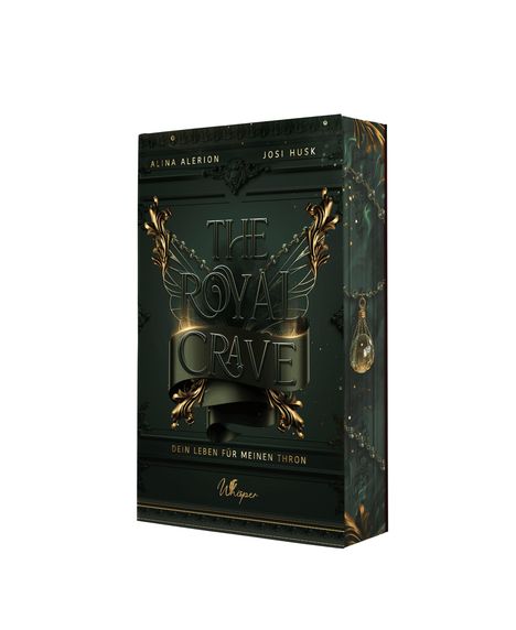 Text: "THE ROYAL CRAVE", "DEIN LEBEN FÜR MEINEN THRON". Ein dekoratives Cover mit goldenen Verzierungen und Ketten.