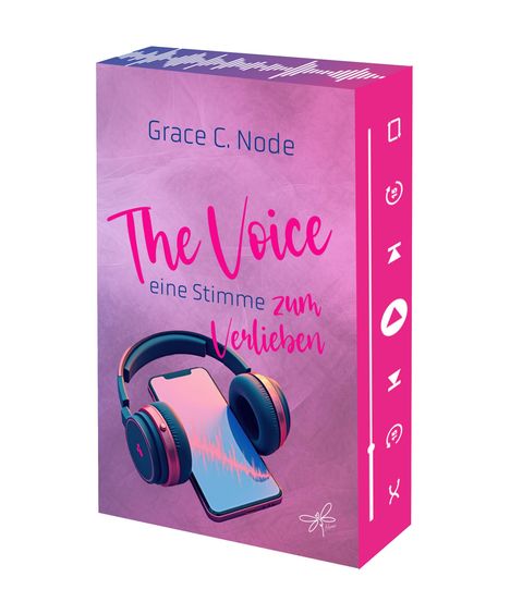 Text: "Grace C. Node", "The Voice - eine Stimme zum Verlieben". Illustration: Smartphone mit Kopfhörern, pinker Hintergrund.