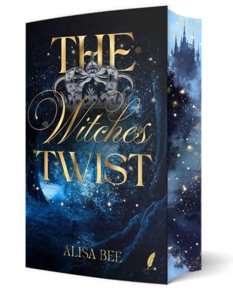 Text "THE Witches TWIST" und "ALISA BEE". Goldene Schrift, magische Waldszene, leuchtende Sterne und eine Burg im Hintergrund.